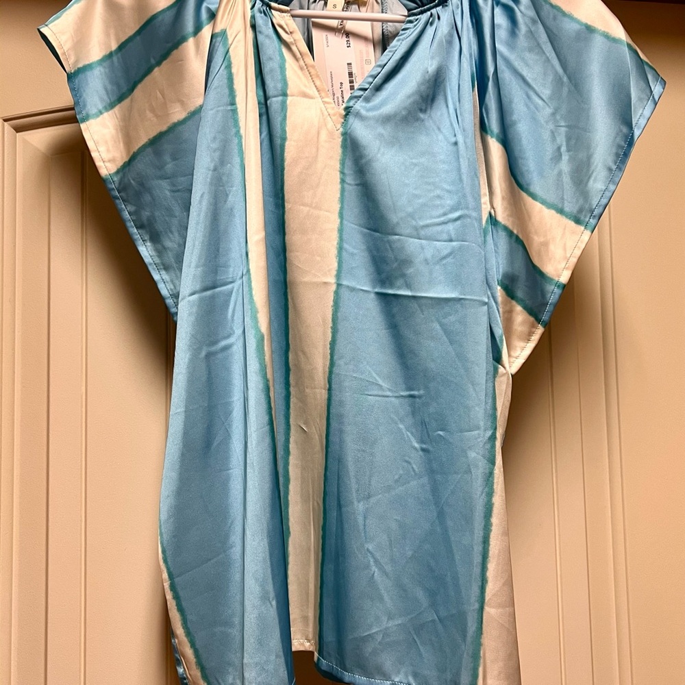 entro Light Blue and Cream Ruffled Silk Top